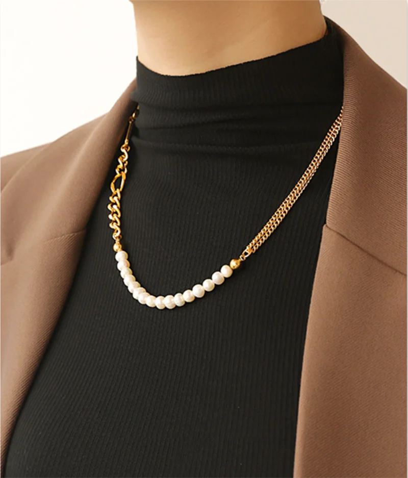 

Brass WIth 18K Half Chian Half Natural Pearl Necklaces Women Jewelry Punk Hiphop Designer Runway Rare Boho Top Japan Korean