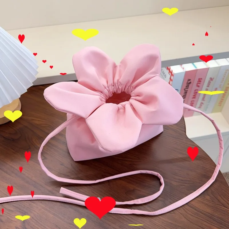 

Sweet Flower Drawstring Crossbody Bag with Blue Flower Detail, Cute Shoulder Purse for Casual Daily Summer Outing Large Capacity