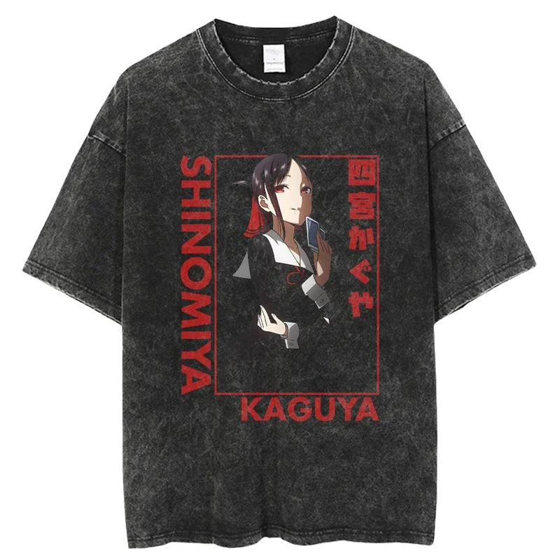 Oversized Streetwear Manga Short Sleeve Tops Tees Kaguya Love is War Harajuku Anime T-shirts Vintage Washed Graphic T-shirts