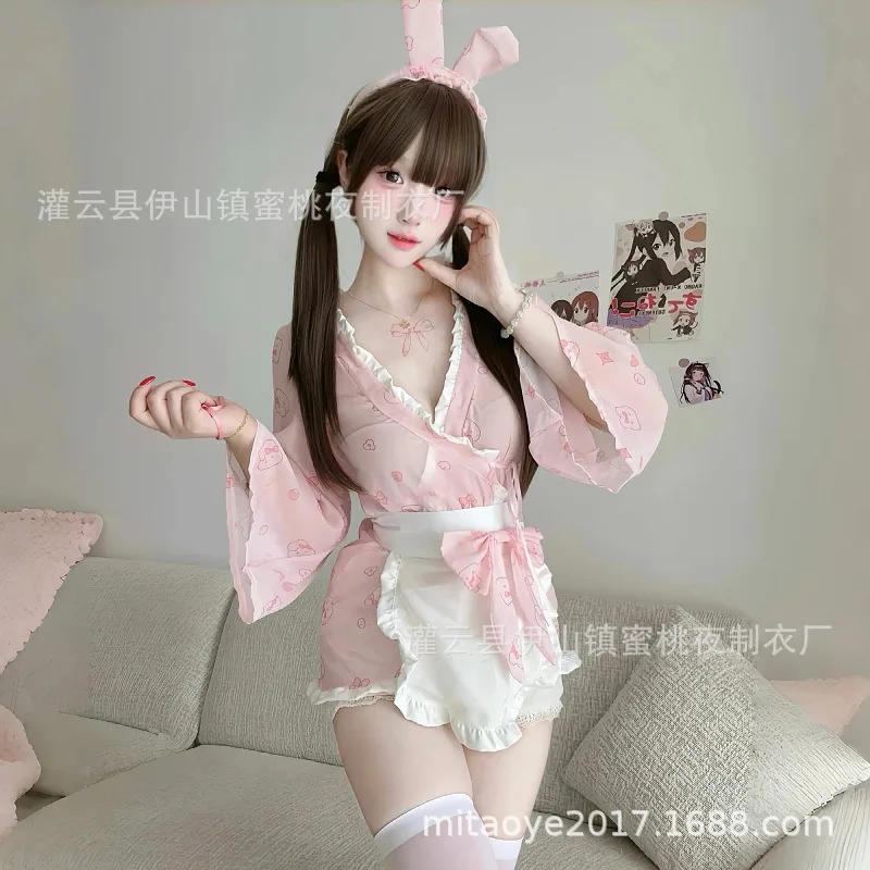Abito sexy con stampa coniglietto Kimono Tentazione Abito sexy a maniche lunghe slim fit con fiocco Dolce carino Puro desiderio Affascinante ed elegante MDJL