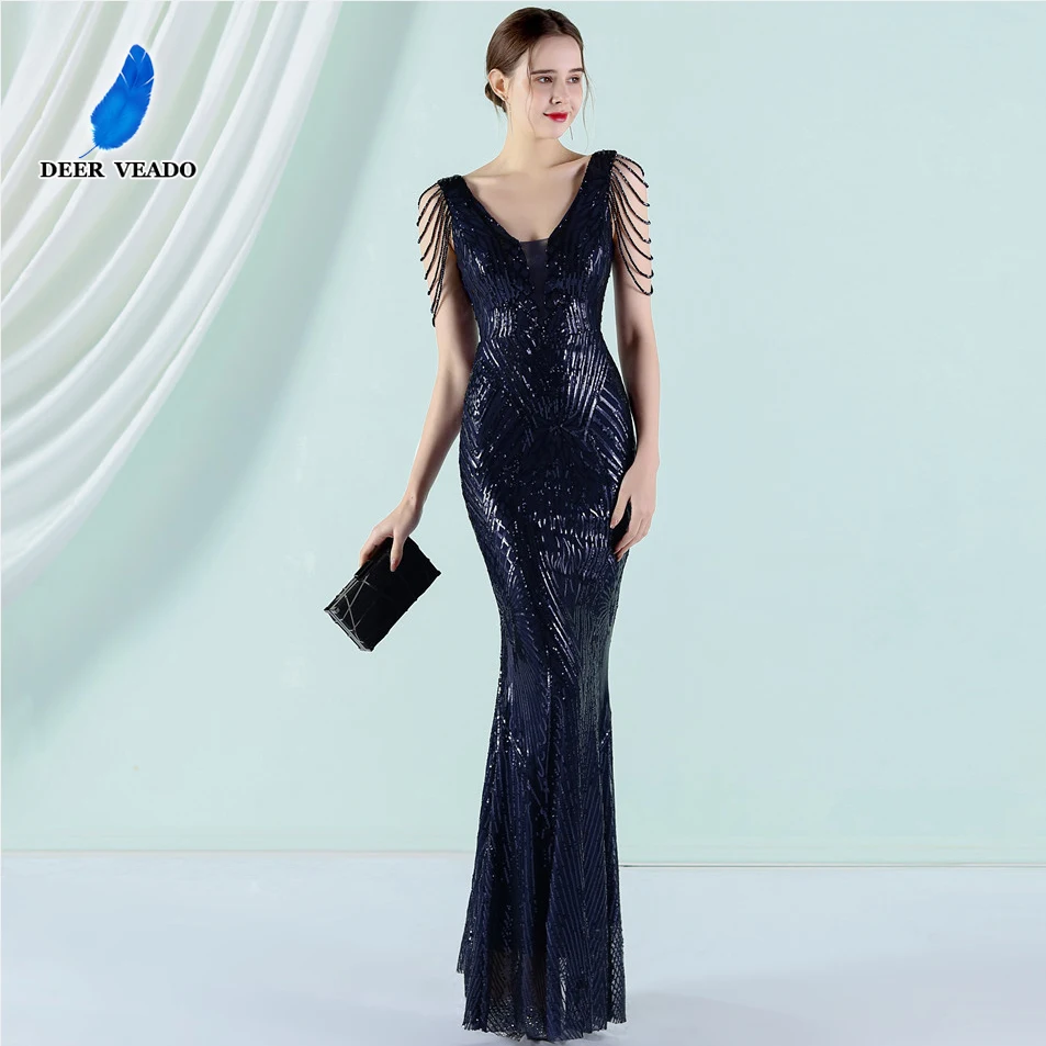 DEERVEADO Elegant V Neck Mermaid Evening Dresses for Women Bodycon Sequins Formal Dress with Beading Long Prom Party Dresses