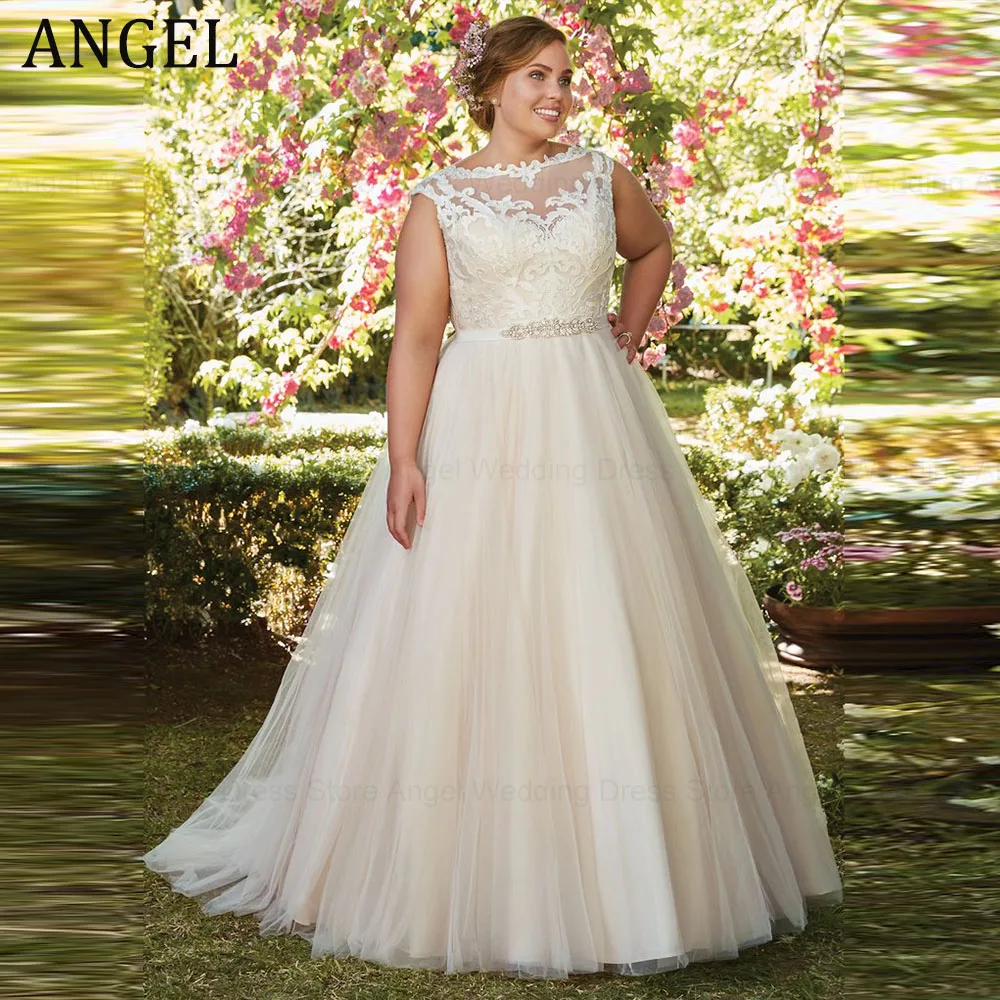 

ANGEL Ivory Tulle A-line Plus Size Wedding Dresses Gorgeous Lace Cap Sleeve Svadobné šaty Luxury Belt Button Vestidos de Novia