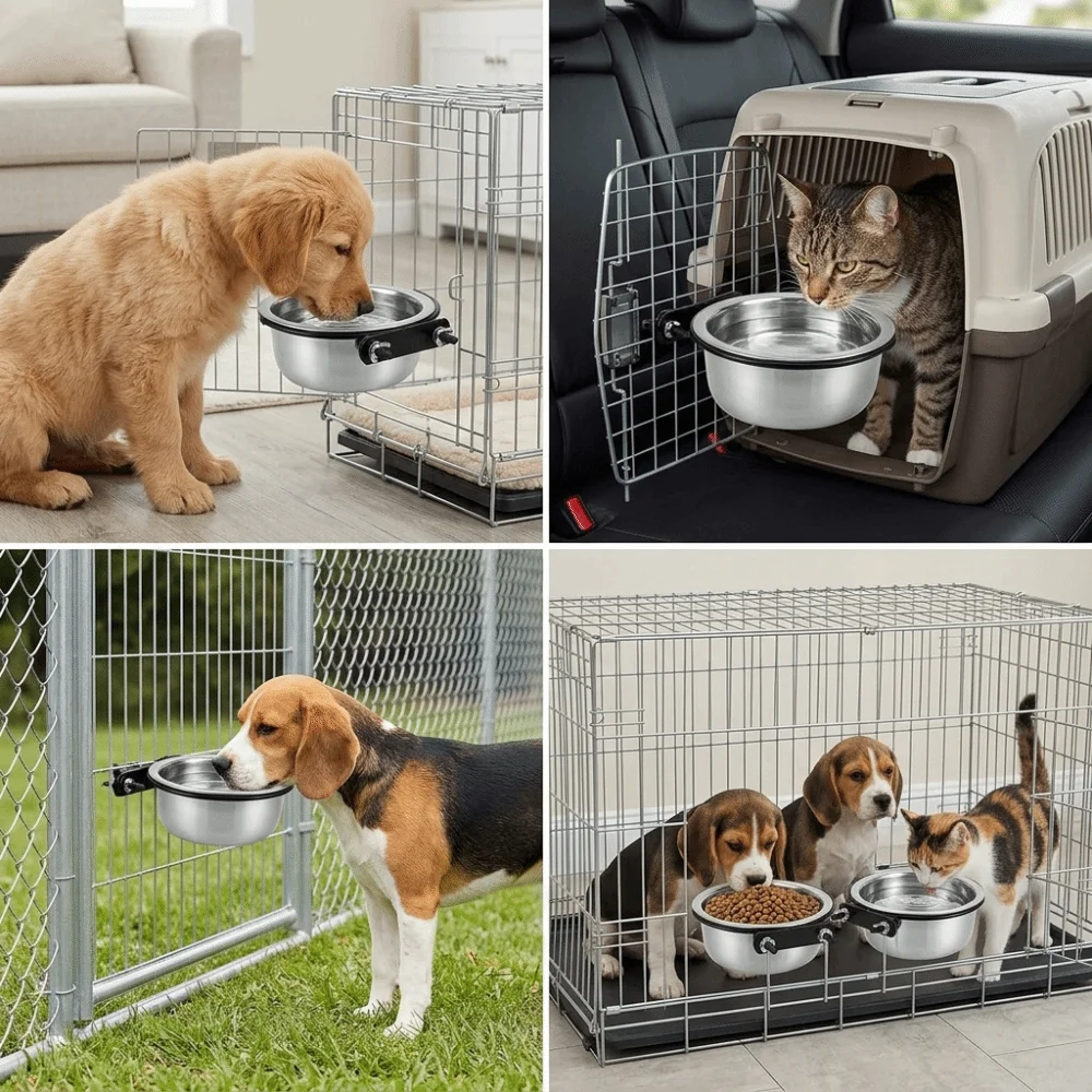 Stainless Steel Inner Pet Hanging Bowl Smooth Round Shape Crate Hanging Mount Cat Wall Mount Feeder Fixed Anti-slip Build