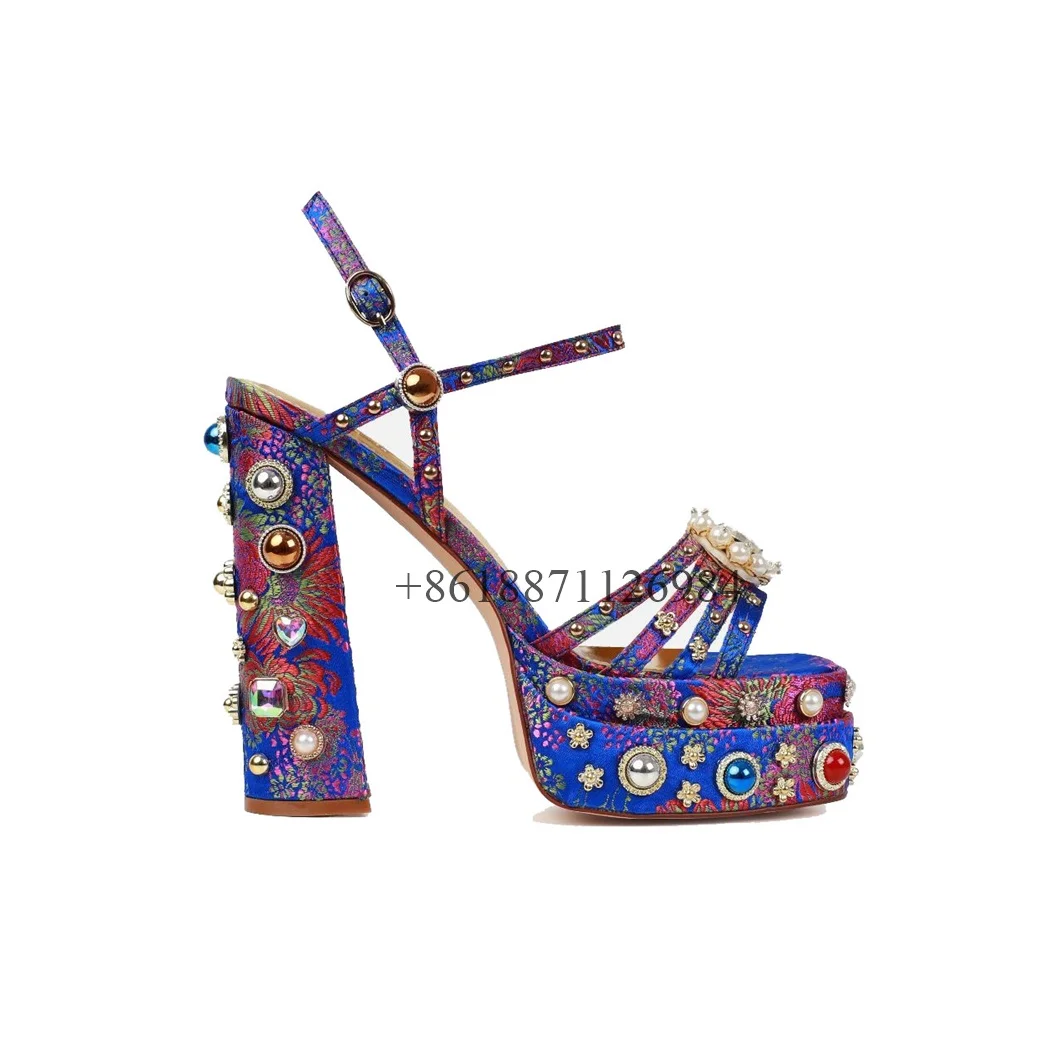 

Satin Embroidery Gem Prarl Round Toe Platform Summer Women Sandlas Chunky High Heels Buckle Strap Design Large Size Party Shoes