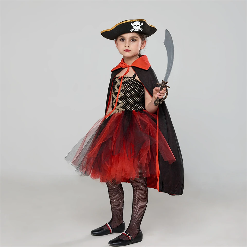 Disguised Child Cosplay Pirate Fluffy Tutu Dress + Hat Masquerade Clothing Set Halloween Carnival Stage Play Performance Costume