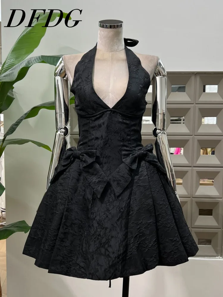 DFDG 2025 Abito da ballo con scollo a V increspato jacquard da donna Abito elegante da ballo di fine anno Abito da sera senza maniche a sbuffo Primavera Estate