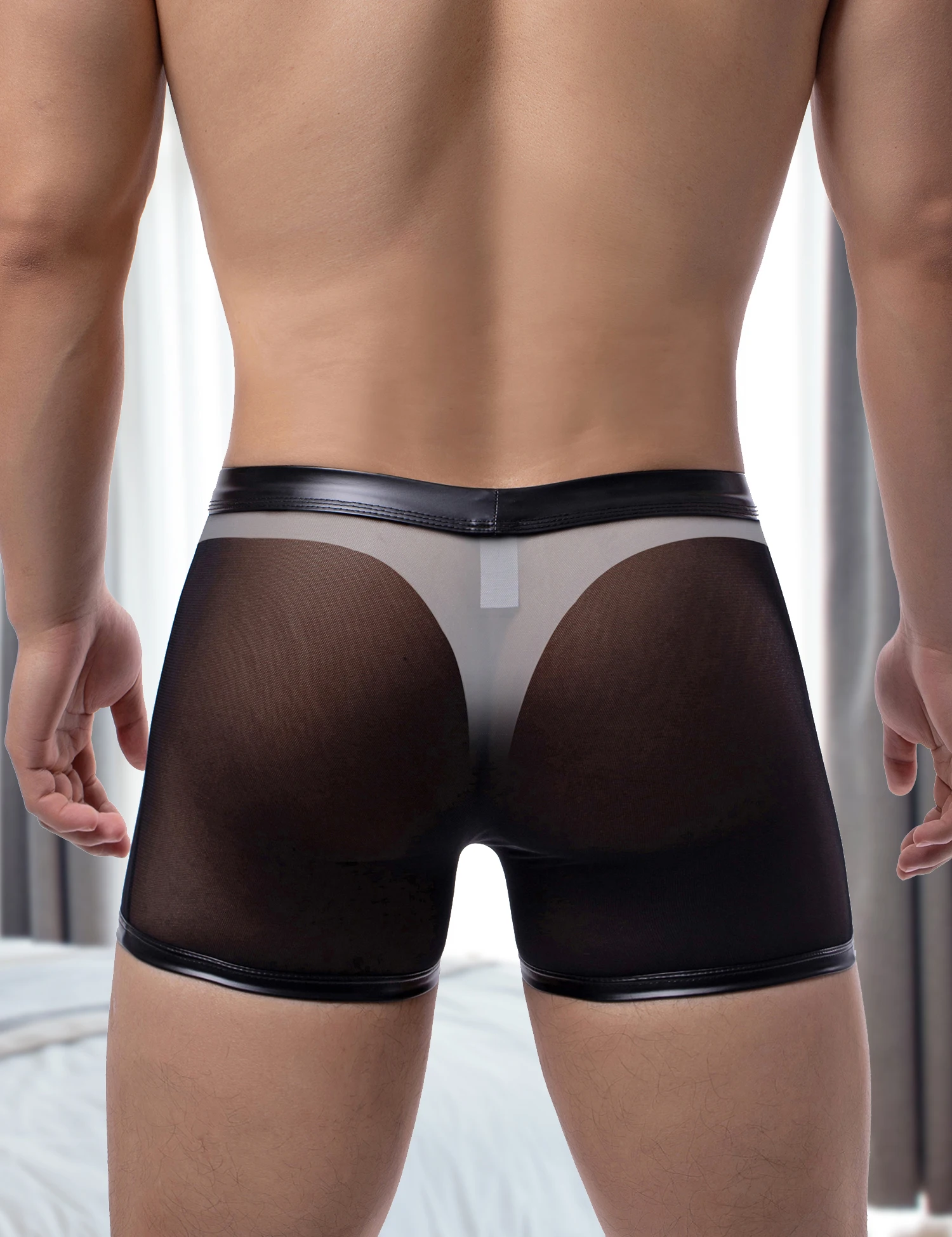 Ohyeahlady Men's Sexy Black Faux Leather Underwear Low Waist Boxer Crotch Openable Brief Breathable See Through Sheer Mesh Panty