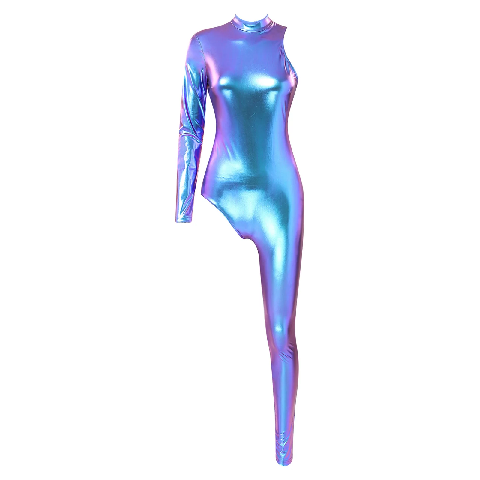 Womens Shiny Metallic Asymmetrical Bodysuit Single Sleeve and Leg Slim Fit Jumpsuit Music Festival Rave Dance Unitard Clubwear - view 5