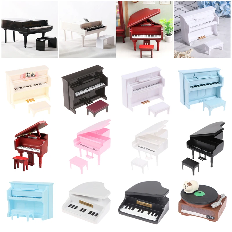 1/12 Dollhouse Mini Plastic Piano With Stool Musical Instrument Model for Doll House Accessories Decor Miniature Piano Set