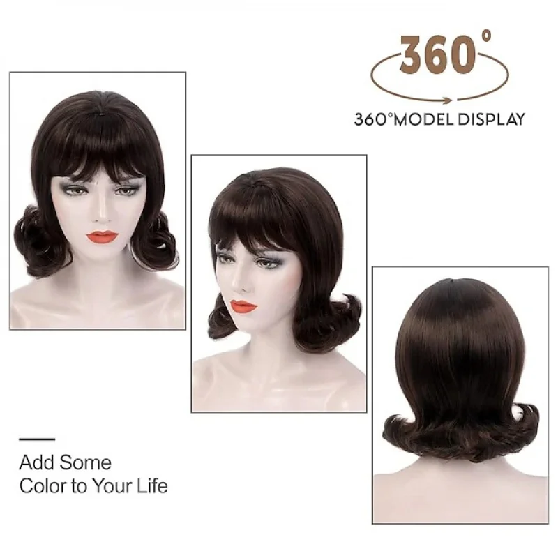 الأوروبية والأمريكية الرجعية شعر مستعار 901990s المرأة الشعر الطويل شعر مستعار اصطناعي براون الجانب الانفجارات قبعة شعر مستعار الموضة #4