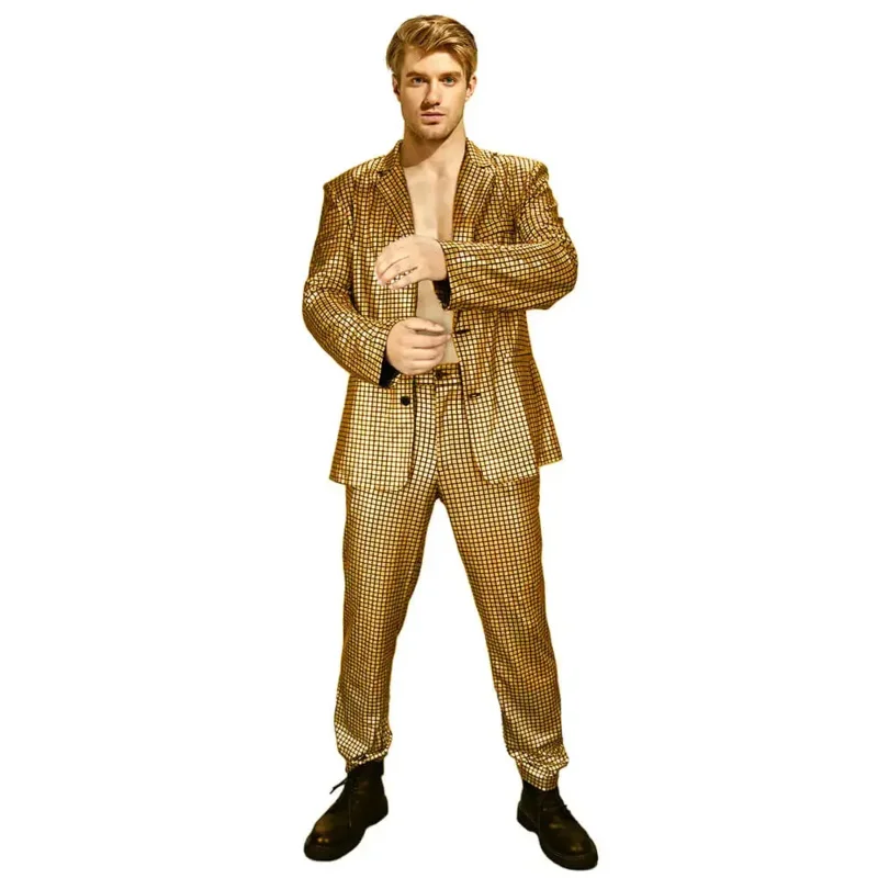 Adult 2 Piece Shiny Jacket and Pants Metallic Sequin Suits Mens Disco Costume