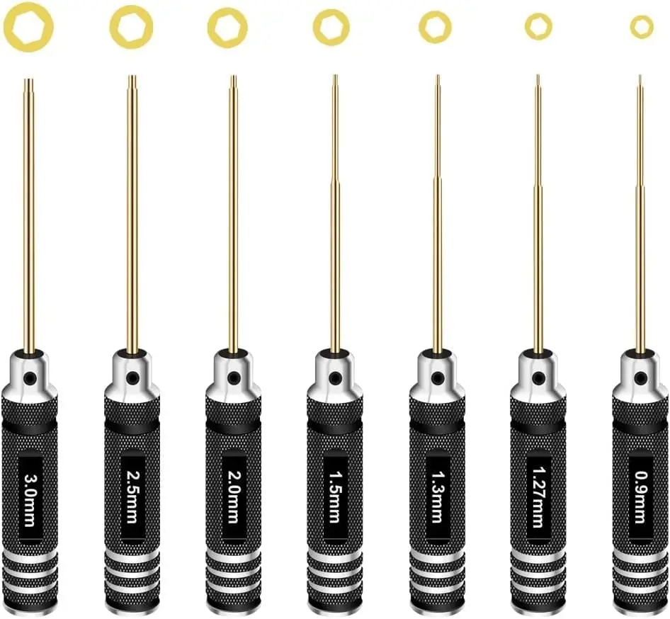 

Hex Allen Screwdriver Kit with 7 Sizes (0.9-3.0mm) for RC Cars, Drones, and Models - Titanium Tool Set