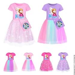 Frozen Elsa Kids Clothes Knee-Length Dresses Cotton Rainbow Short Dress Teenagers Cartoon Girls Clothing Party Clothes Princess