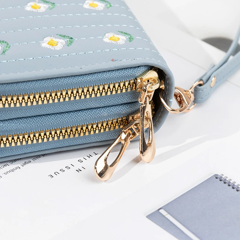 Fashion Women Long Wallet Double Layer Zipper Coin Phone Money Bag PU Leather Female Credit Card Wallets Flower Embroidery Purse