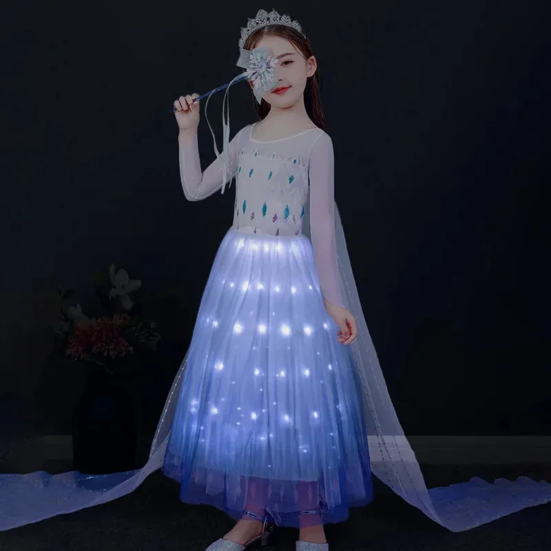 Frozen Elsa Anna Princess LED Light Up Dress for Girls Christmas Mesh Ball Gown Carnival Kids Charm Snow Queen Clothing AHb;4.f'