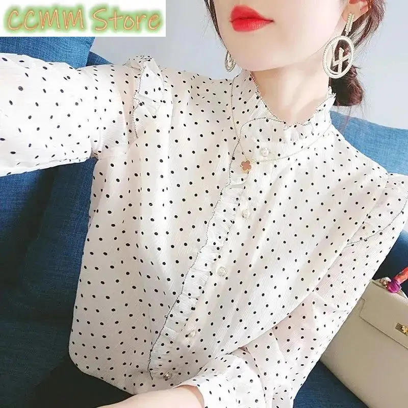 

Elegant Stand Collar Printed Autumn New Ruffles Polka Dot Chiffon Shirt Oversized Casual Women's Clothing Commute Blouses
