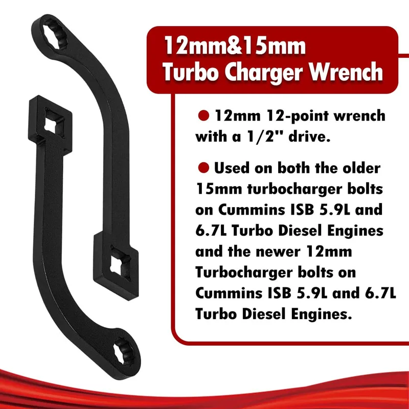 12mm & 15mm Turbo Charger Bolt Wrench Harden Steel 12-Point Wrench Tool For Dodge Ram Truck 6.7L Cummins Diesel,9866B 9866A 9866