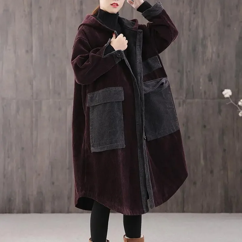 new Fashion Long Corduroy Jacket Big Pocket Hooded Cotton Padded clothes Women Autumn Winter Parkas Loose Casual Cloak coat R437