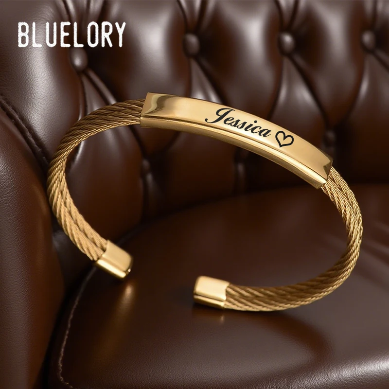 

Bluelory Engrave Name Date Initials ID Bar Bangles For Women Men Stainless Steel Open Punk Twist Bracelet Jewelry Gift