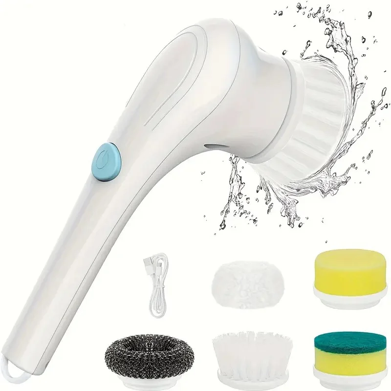 

Cordless Handheld Scrubber with 5 Interchangeable Brush Heads, Rechargeable Rotating Cleaning Brush for Bathrooms, Kitchens, Flo