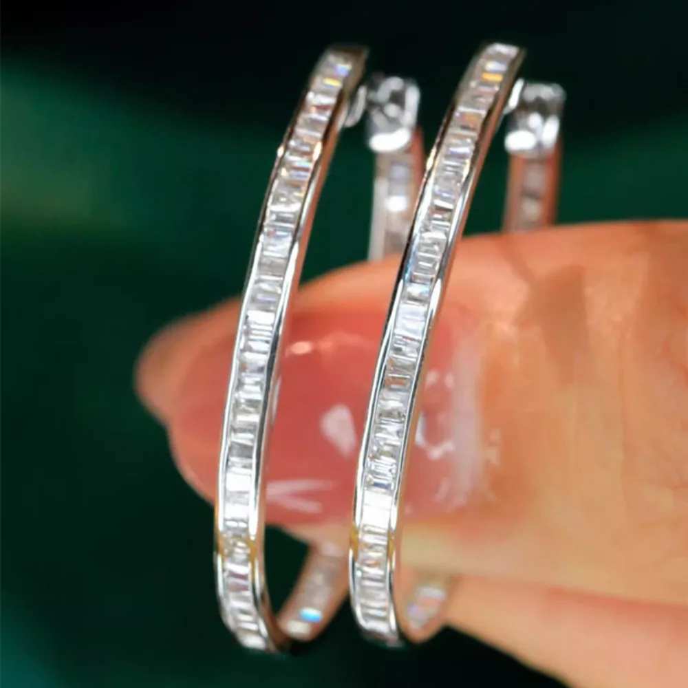 Minimalist Pave Large Thin Hoop Earrings Silver Color Rectangle Zircon Circle Leverback Earrings for Women Jewelry Accessories