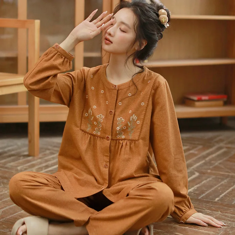 

100% Cotton Pajamas Sleepwear Women's Autumn Winter Long-sleeved Cardigan Pants Pyjamas Sweet Flower Embroider Home Suit