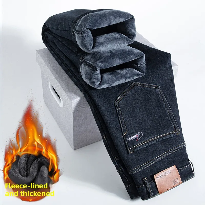 2026 Winter Men's Velvet Nostalgic Straight Jeans High Quality Thickened Warm Fleece Denim Pants Male Brand Loose Trousers