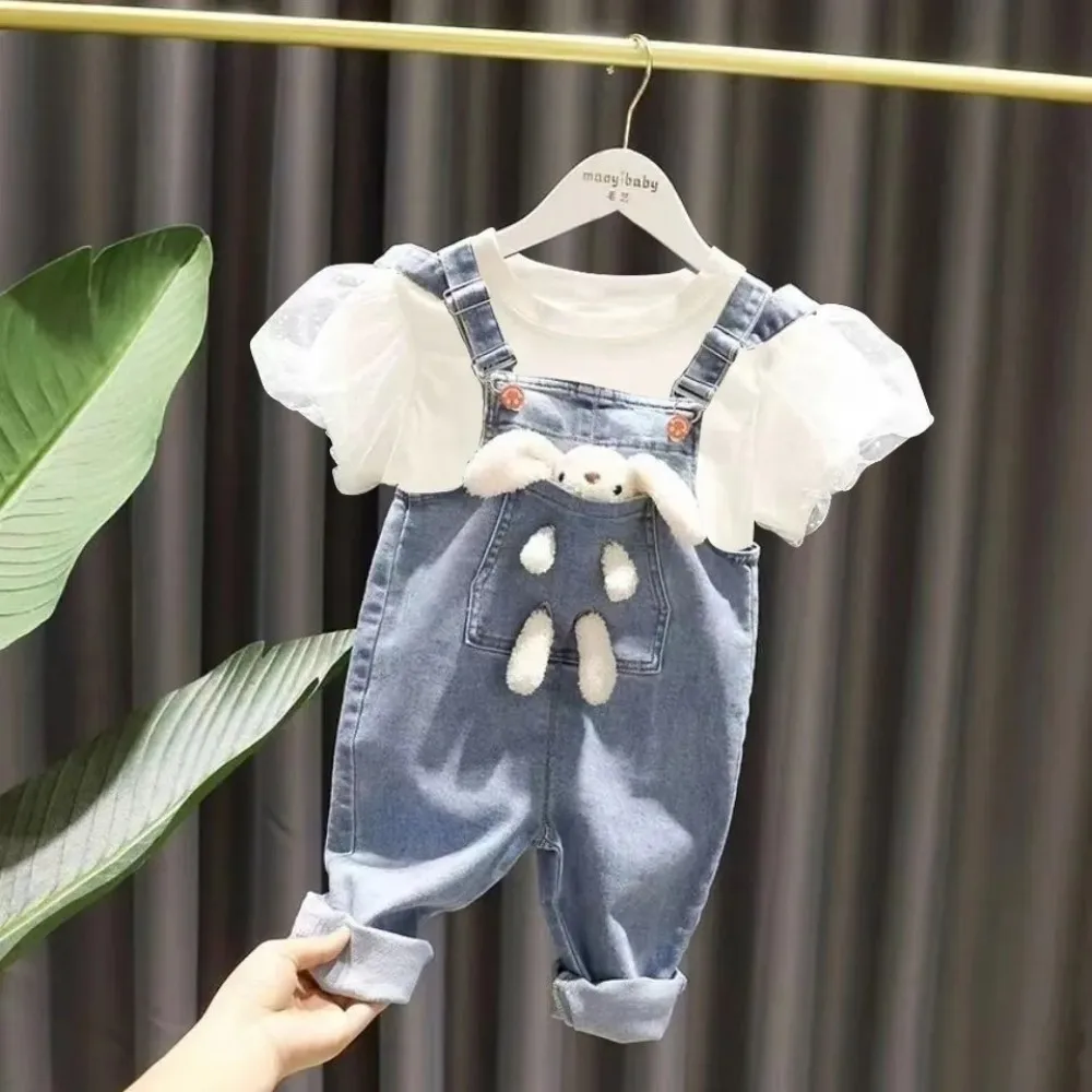 Spring and Autumn Girls Jeans Pant Girls Baby Cotton Short Sleeve T-Shirt Denim Bibs Children\'s Casual Pants Two-piece Set