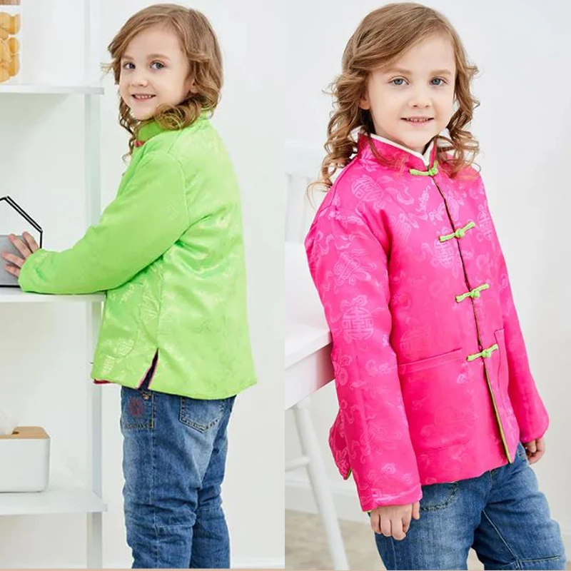 

Детская традиционная китайская куртка Ханьфу на пуговицах для мальчиков и девочек, рубашка в стиле Тан, топ, пальто для кунг-фу, детская одежда на Китайский Новый год