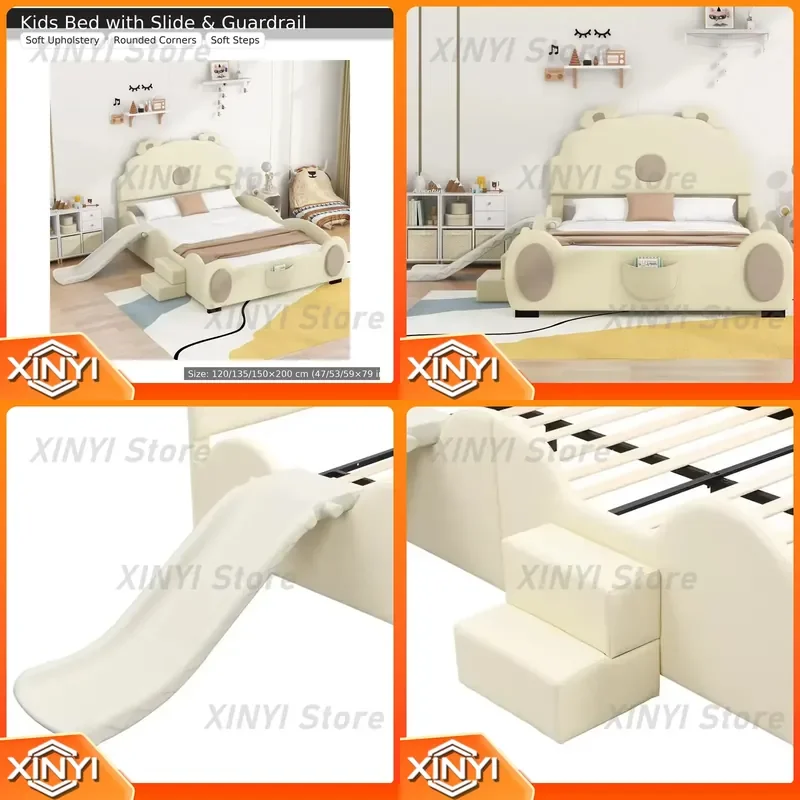 Children's Soft Mattress with Slide and Steps for Kids Bed for Bear Ear Headboard Safety Guardrail Soft PU Children's Bedroom