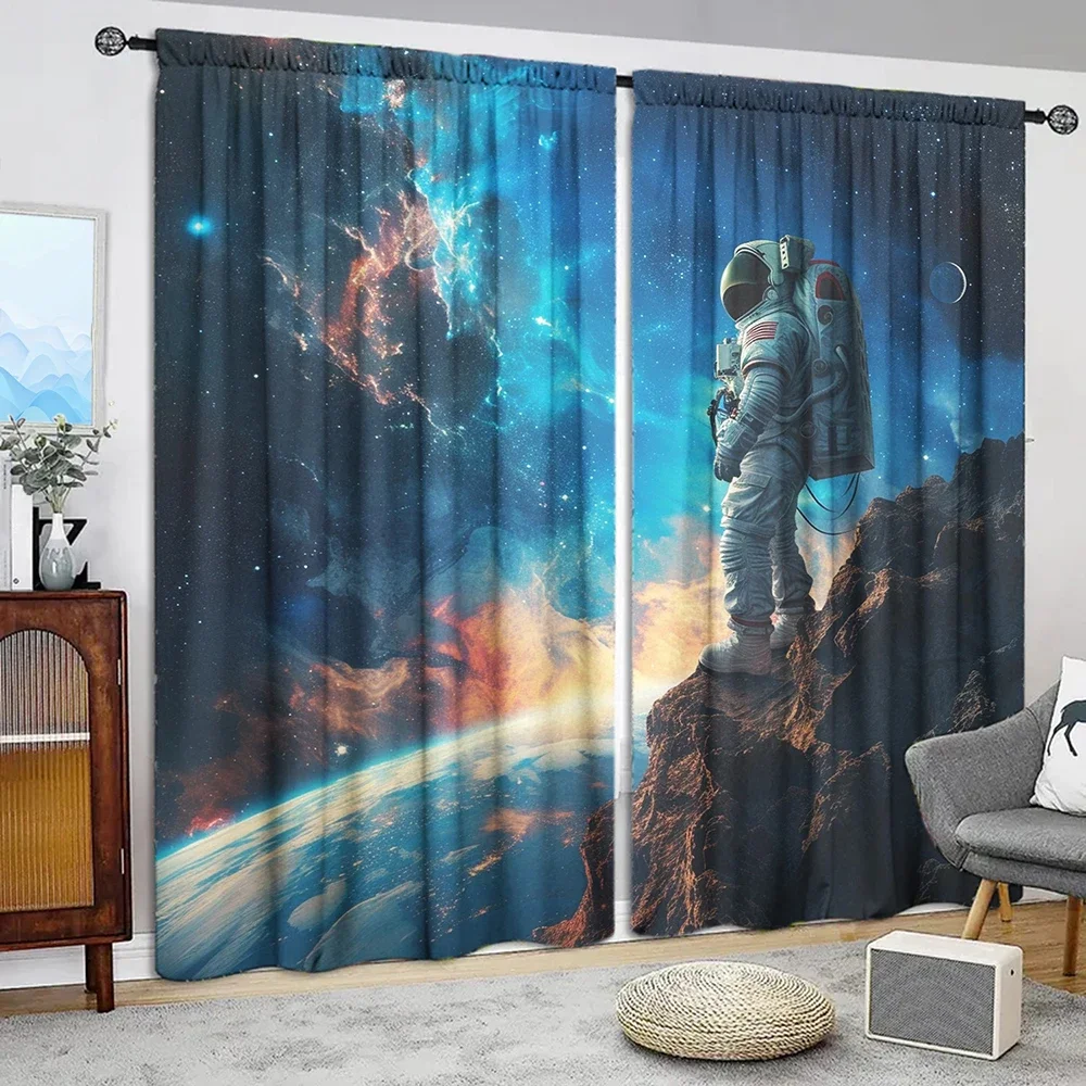 2pcs Astronaut Printed Curtain for Home Decor - Rod Pocket Window Treatment for Bedroom, Office, Kitchen, Living Room, and Study