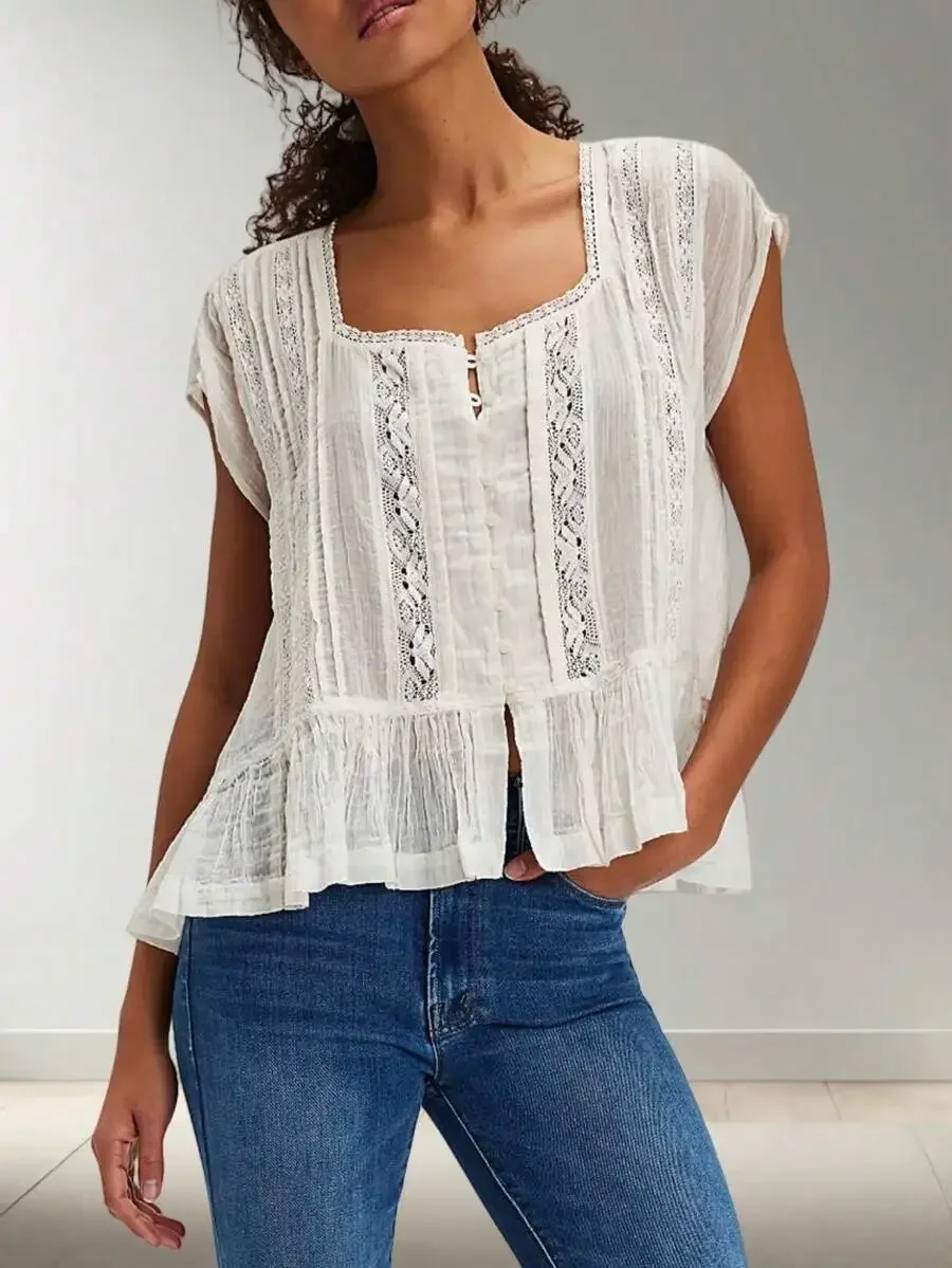 

Women Summer Boho Button Front Lace Trim Flowy Ruffle Chiffon Top Square Neck Short Sleeve