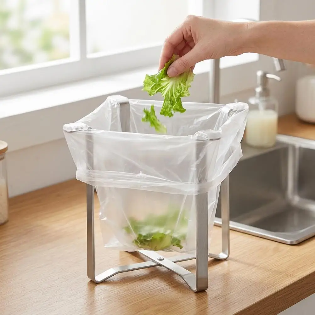 Stainless Steel Foldable Trash Bag Holder Kitchen Countertop Garbage Stand Waste Storage Rack Space Saving Organizer