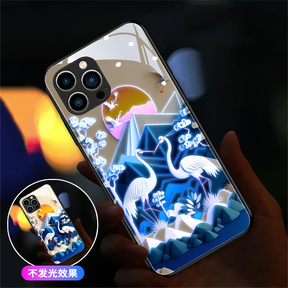 Red-crowned Design Crane Smart LED Light Glow Tempered Glass Phone Case For iPhone 15 14 13 12 11 Pro Max X XR XS SE2020 Plus