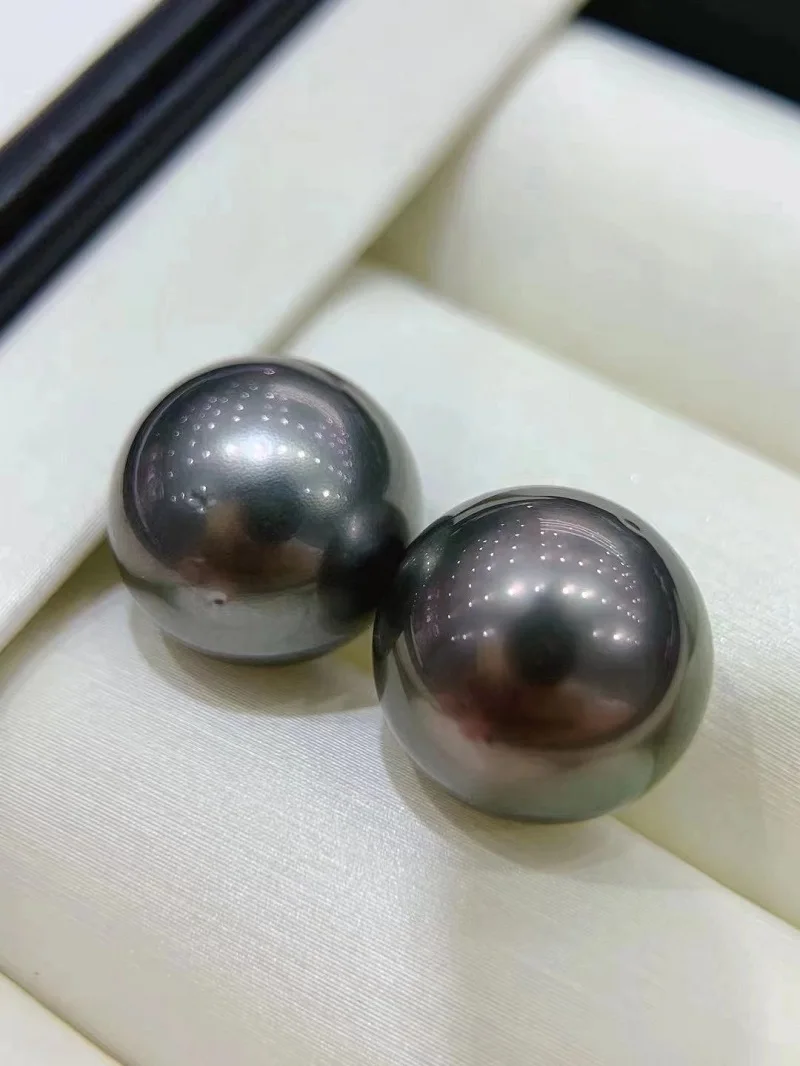 Pair of 13mm Real Tahitian Loose Pearls Fine Seawater Gray Round Beads Fine Wedding Party DIY Jewelry Gifts for Women Girls