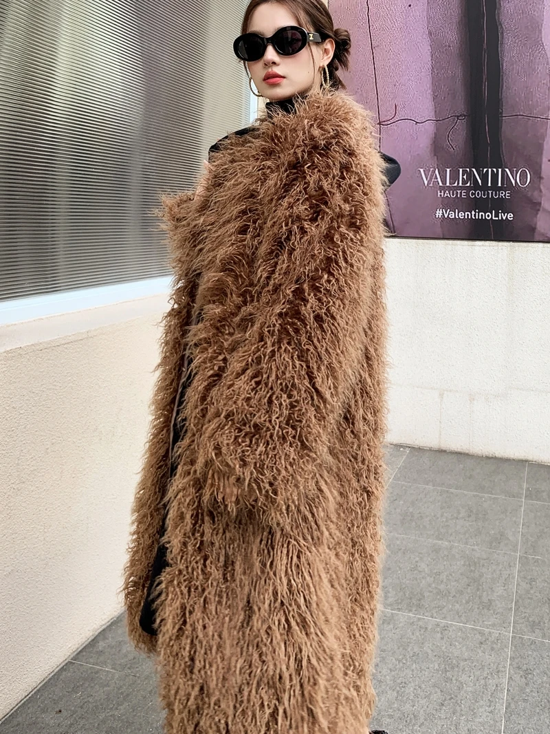 2023 Autumn Winter New High-End Khaki Fur Loose Long Sleeve Mongolia Sheep Fur Long Warm elegant Coat Luxury Women\'s jackets