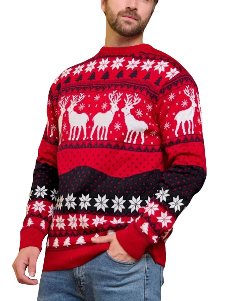 Unisex Christmas Sweater Winter Couple Long Sleeve Round Neck Reindeer Pattern Classic Fit Knit Tops