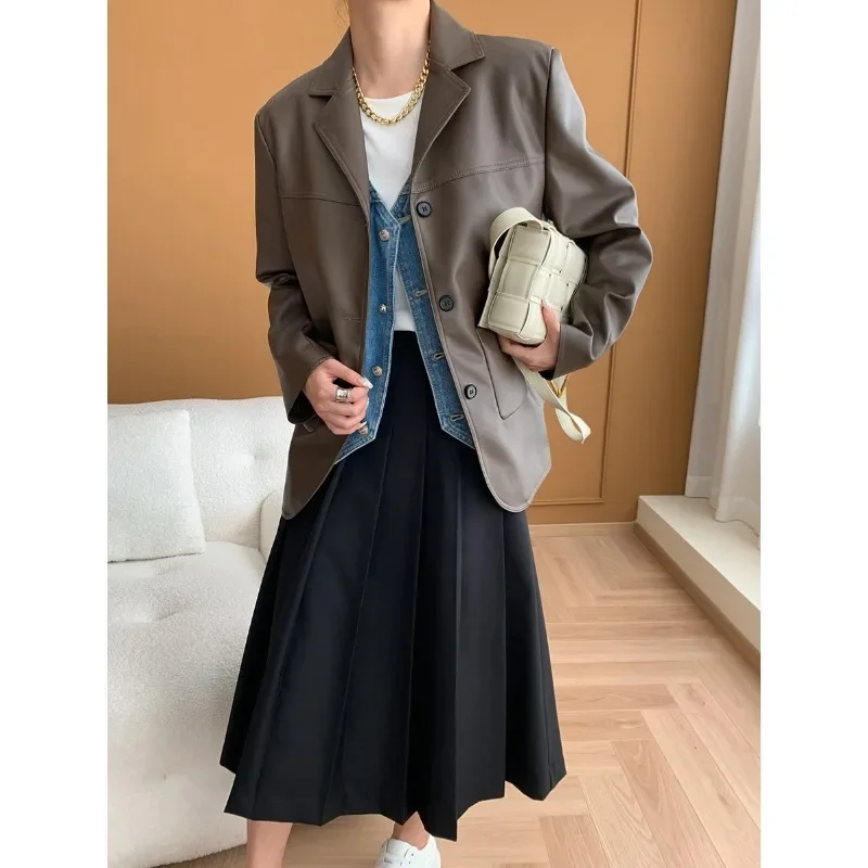 Vintage Wine Suit Collar Fake Leather Long Sleeve Jacket Women Casual Loose Black Office Lady Matte PU Leather Suit Jacket