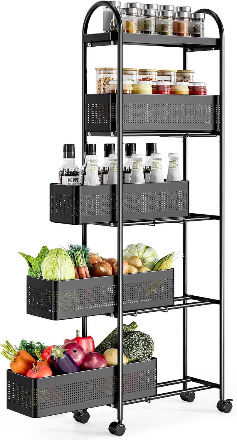 

5-Tier Slim Storage Cart with Pull-Out Basket, Rolling Organizer, Lockable Wheels for Kitchen, Laundry Room, Black