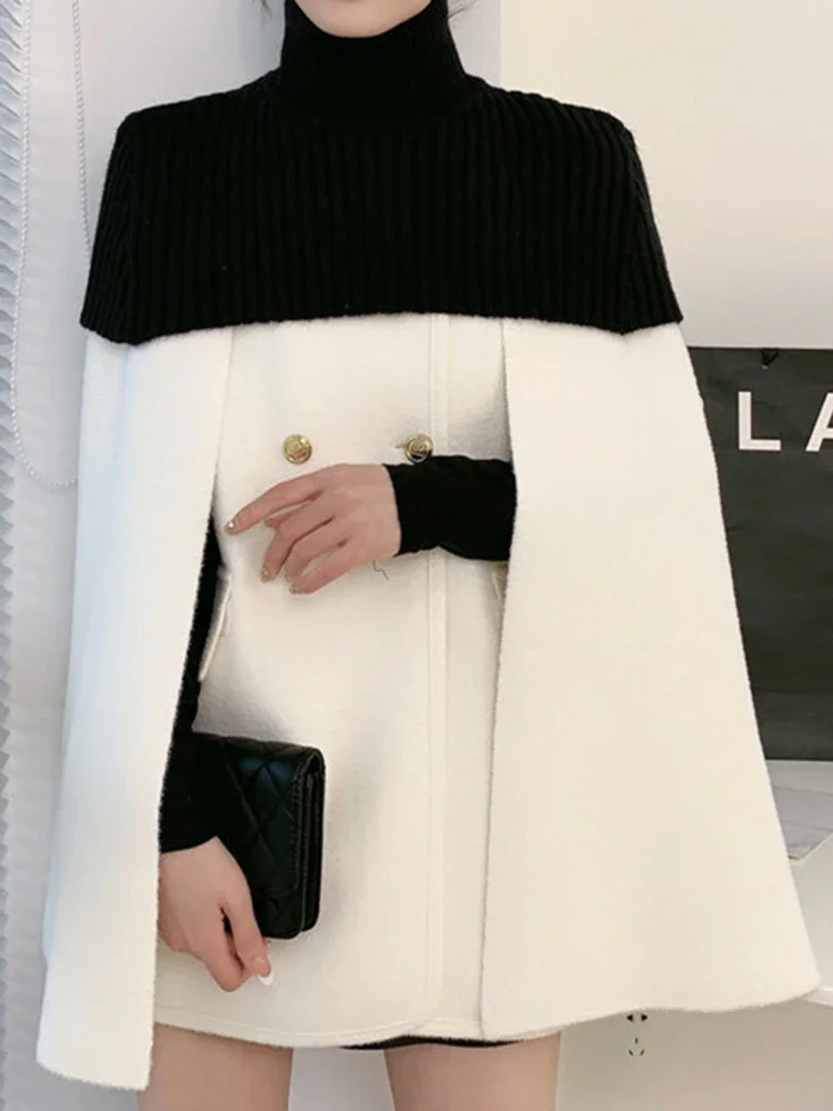 

Elegant Temperament Jacket Office Lady Knit Cloak Coat Turtleneck Sweater Shawl Two-piece Set Women 2025 Autumn Winter