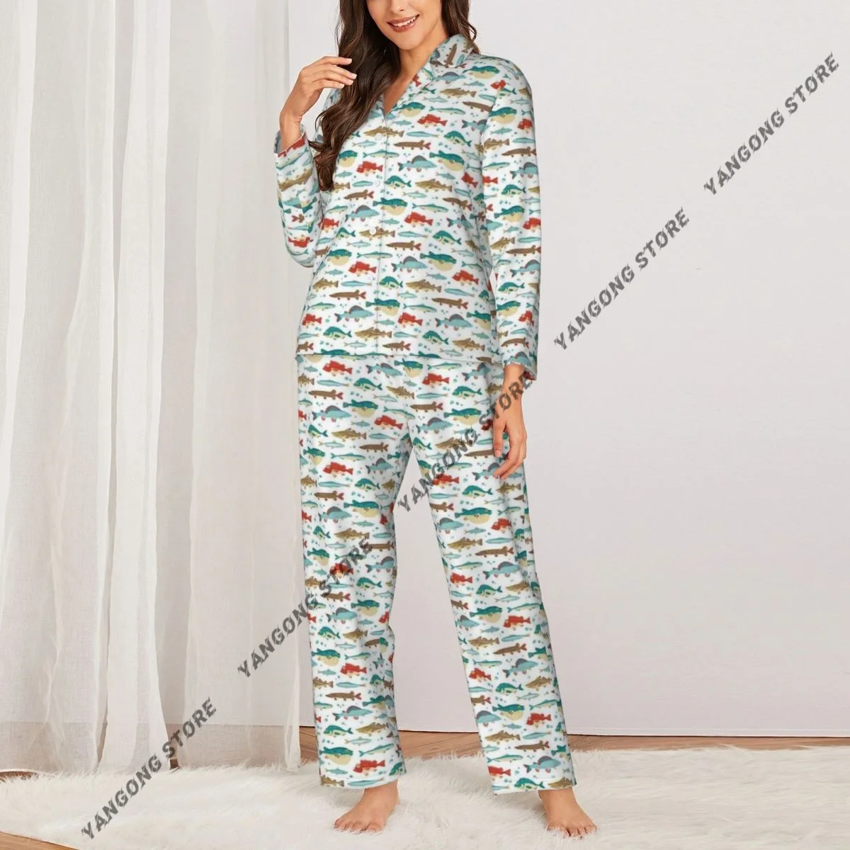 Spring and Autumn Pajama Set Women's Long Sleeve Pants Two Piece Ocean Fish Cartoon Blowfish Exotic Cuisine Home Furnishing Set