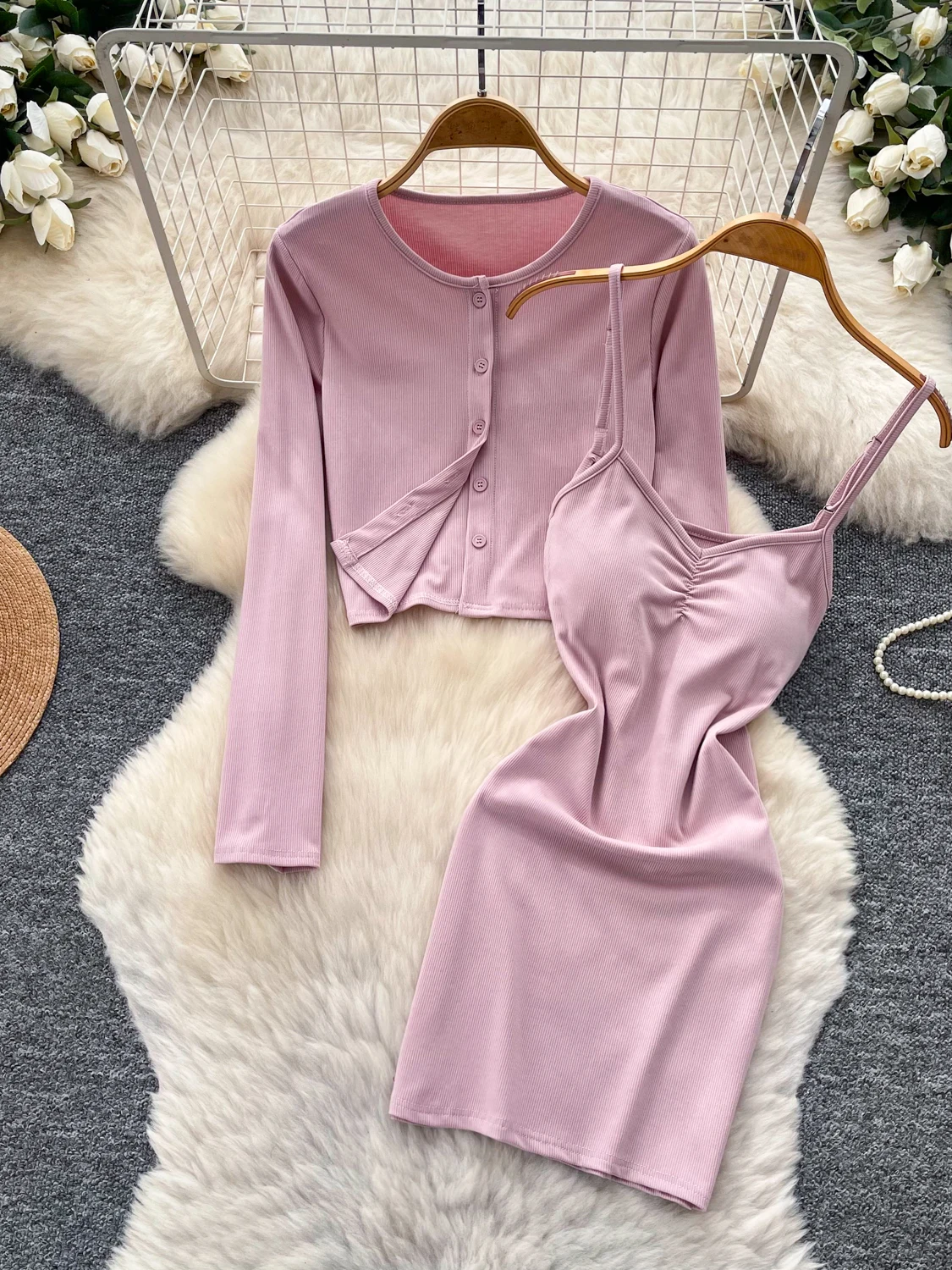 Slim Fit Knitted Open Cardigan And Dress Set Women's Fashion Autumn Wear High Waist Straight Cut Long Sleeve Casual Work Outfit