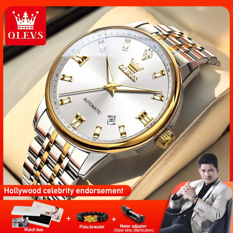 

OLEVS 6723 Mens Watch Luxury Top Brand Mechanical Wristwatch Big Dial Waterproof Stainless Steel Date Sports Watches For Men New
