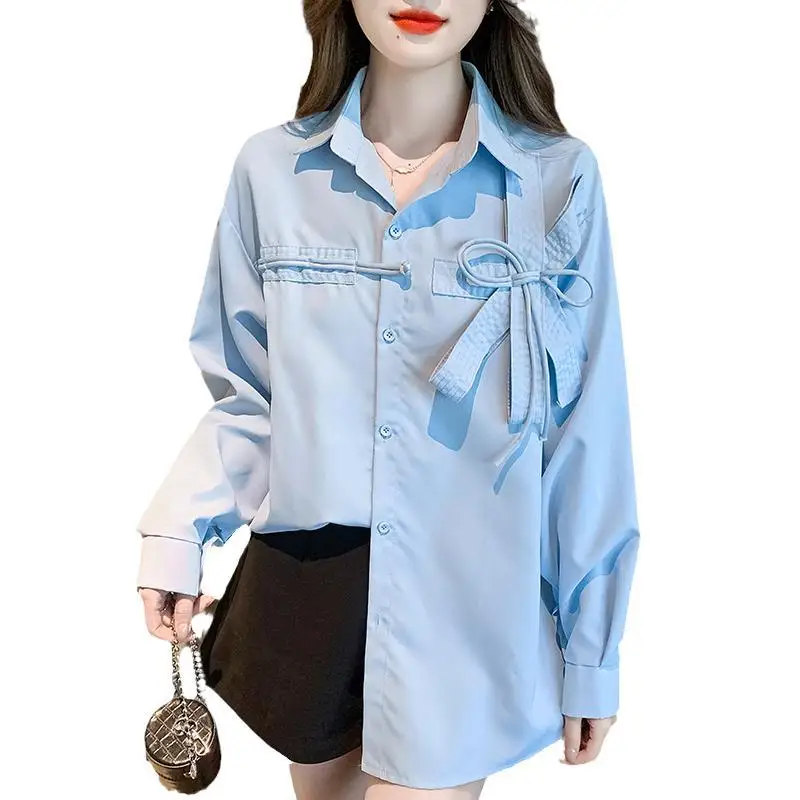 Spring Autumn New POLO Collar Long Sleeve Shirt Women High Street Casual Loose Button Cardigan Solid Color Bow Patchwork Tops