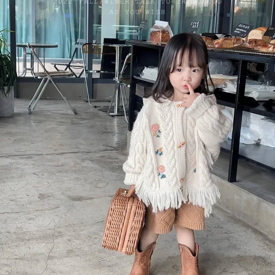 Autumn New Korean Hooded Sweater Tassel Flower Embroidery Knitwear Baby Kids Girl Cute Fashion Sweater Cardigan Knitted Sweater