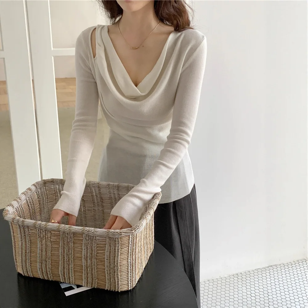 8141 Strickoberteil mit U-Ausschnitt, Herbst und Winter, kühles Gefühl, 14 Gauge Wollmischung, schulterfrei, aushöhlen, geraffte Taille