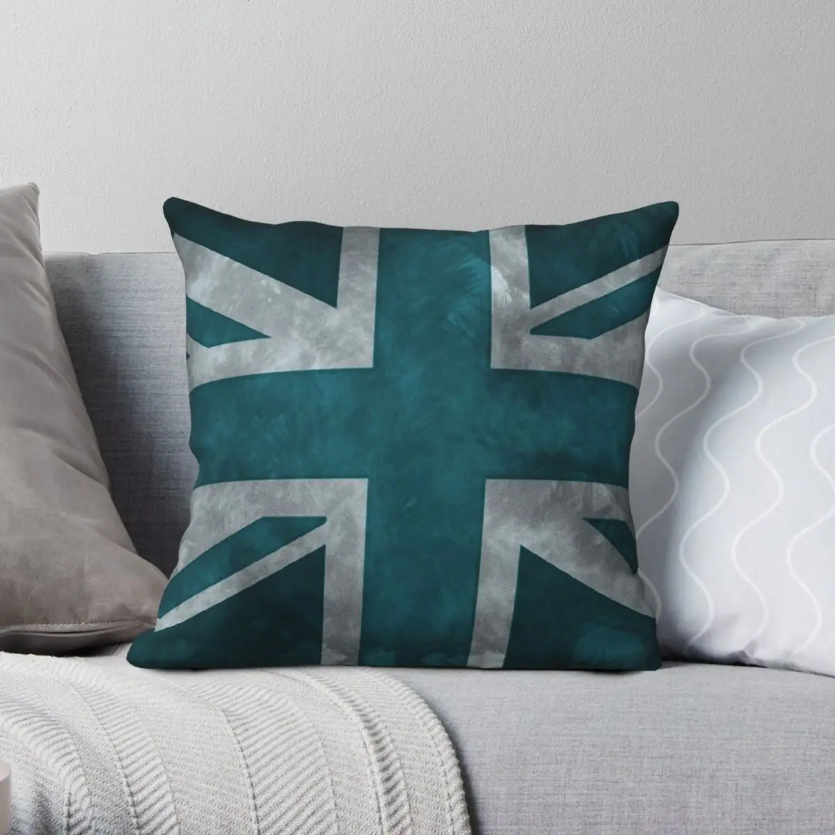 Teal Distressed Union Jack Pillowcase Polyester Linen Velvet Pattern Zip Decor Bed Cushion Cover