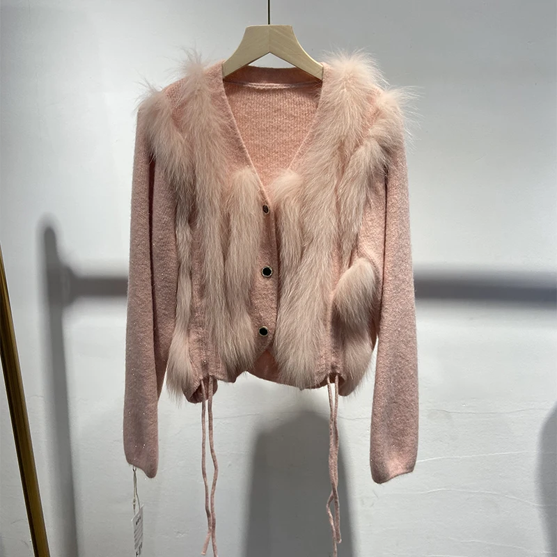 2025 겨울 여성용 숏 리얼 폭스 퍼 스웨터 리얼 퍼 스프링 슬림 니트 퍼 재킷
