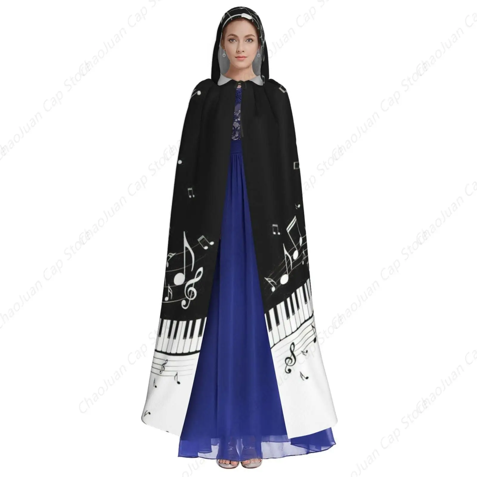 Piano Keys With Musical Notes Print Adults Hooded Cloak With Halloween Christmas Witch Cape Robe Costume Party Supplies