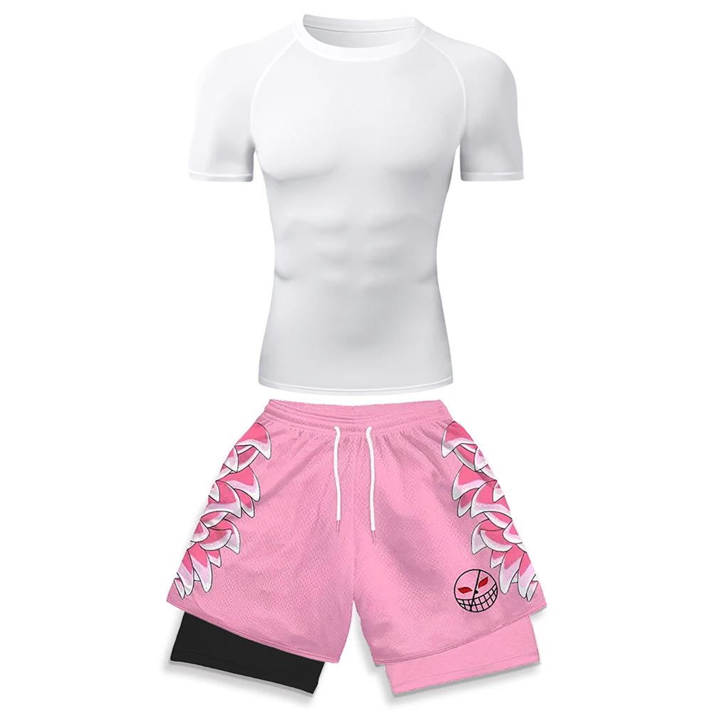 High Elasticity Workout Gear for Men White Compression T-shirt & Pink 3D Graphic Print Running Shorts Anime Gym Jogging Clothes view 6